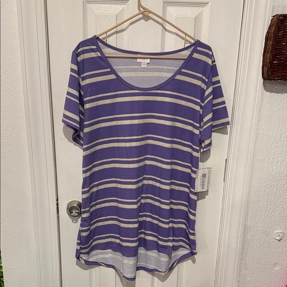 LuLaRoe Purple and White Striped Short Sleeve Top